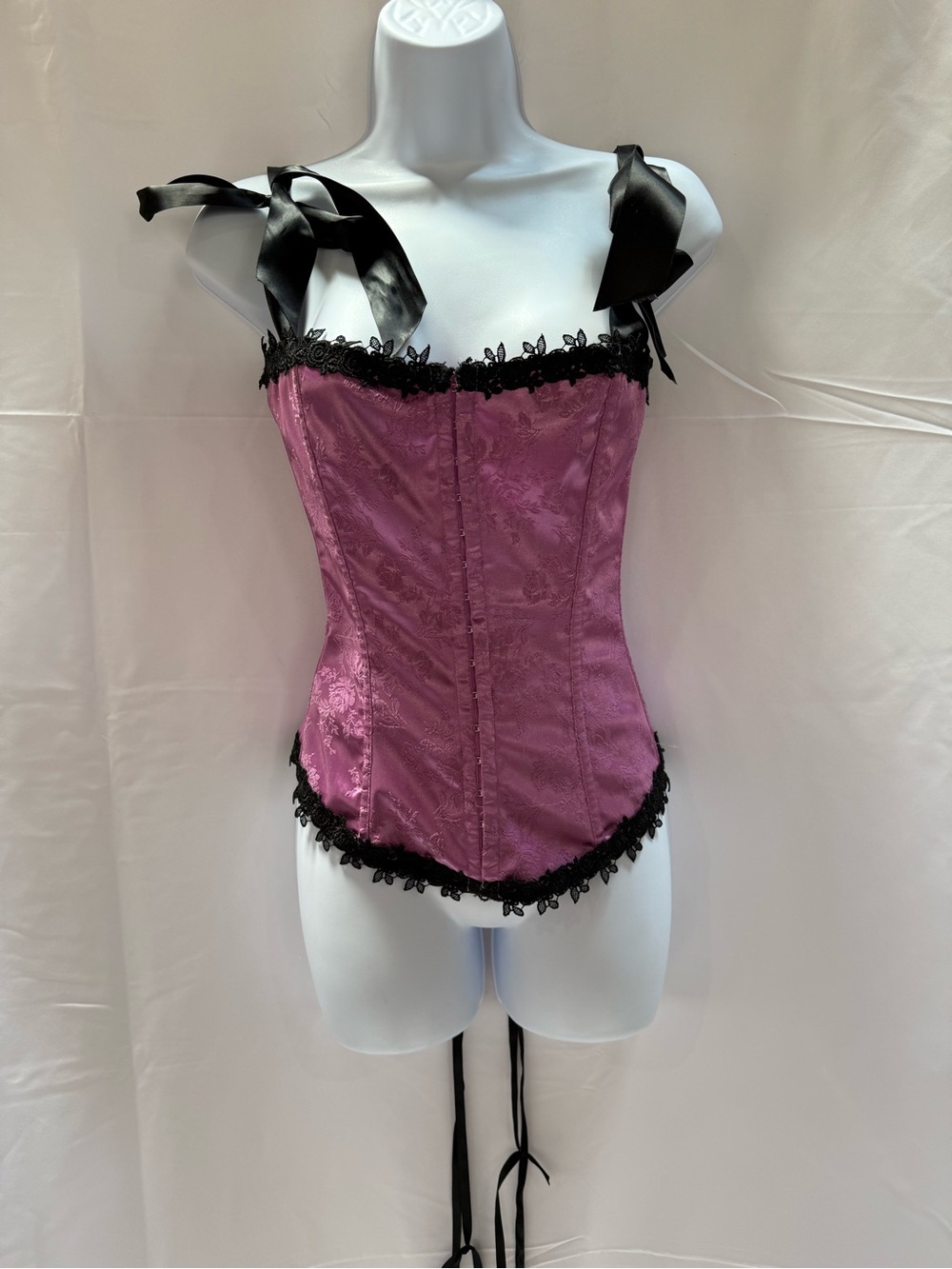 Frederick's of Hollywood Pink Satin Lace-Trim Corset with Black Ribbon Straps